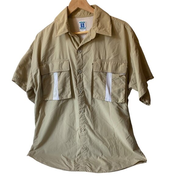 Hook & Tackle Men Beige Fishing Shirt Mesh Lining Hook & Loop Pockets Outdoor M - Picture 1 of 7